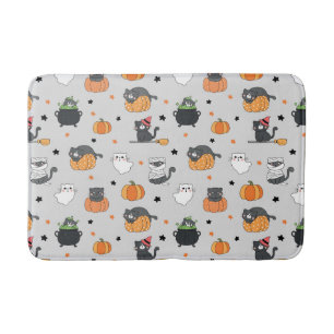 Cute Halloween Cats and Ghosts Pattern Bath Mat