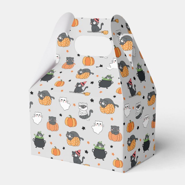 Cute Halloween Cats and Ghosts Pattern Favor Boxes (Front Side)