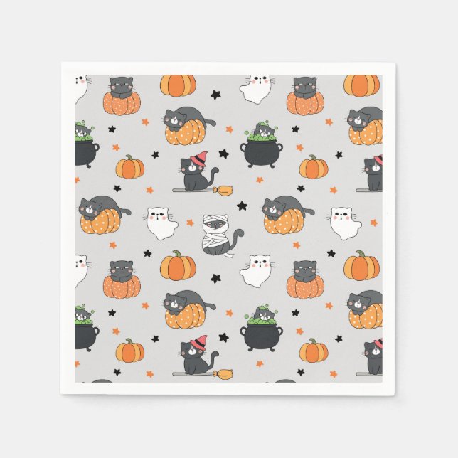 Cute Halloween Cats and Ghosts Pattern Napkins (Front)