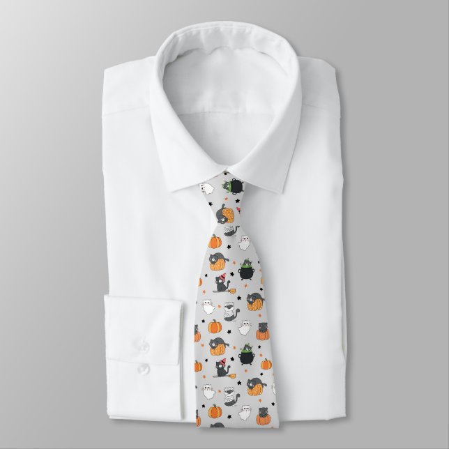 Cute Halloween Cats and Ghosts Pattern Neck Tie (Tied)
