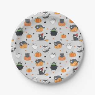 Cute Halloween Cats and Ghosts Pattern Paper Plates