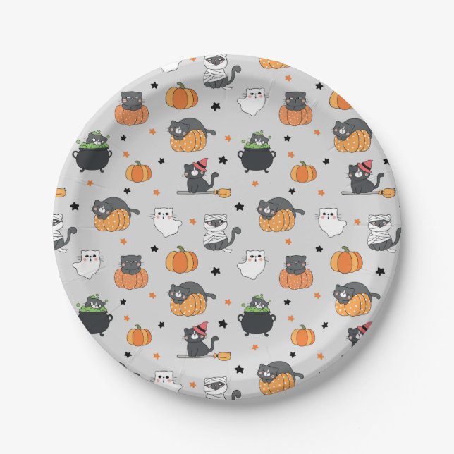 Cute Halloween Cats and Ghosts Pattern Paper Plates (Front)