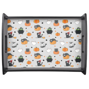 Cute Halloween Cats and Ghosts Pattern Serving Tray