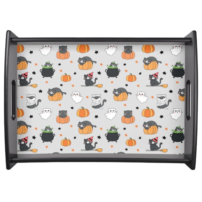 Cute Halloween Cats and Ghosts Pattern Serving Tray (Front)