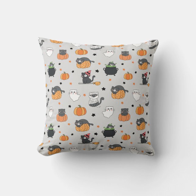 Cute Halloween Cats and Ghosts Pattern Throw Pillow (Front)