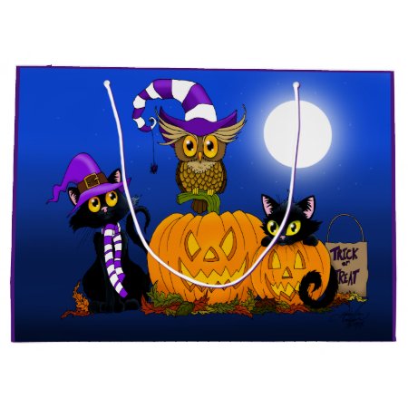 Cute Halloween Cats And Owl Large Gift Bag