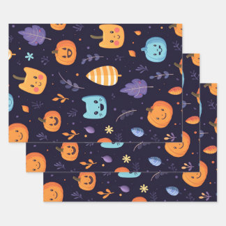 Cute Halloween Cats and Pumpkins Wrapping Paper Sheets
