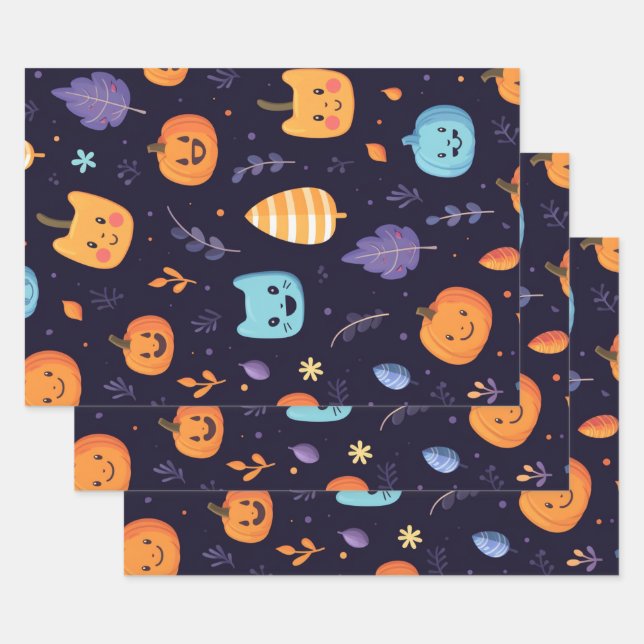 Cute Halloween Cats and Pumpkins Wrapping Paper Sheets (Set)