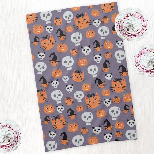 Cute Halloween Cats and Skulls Spooky Kitchen Towel (Fun kitty cats and skulls Halloween kitchen tea towel)