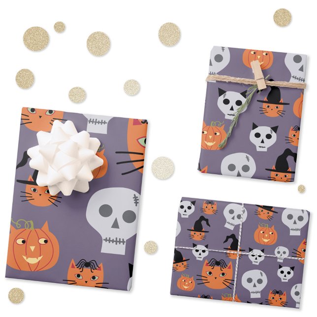 Cute Halloween Cats and Skulls Spooky Wrapping Paper Sheets (Fun Halloween cats, skulls and pumpkins gift wrap in three scales.)