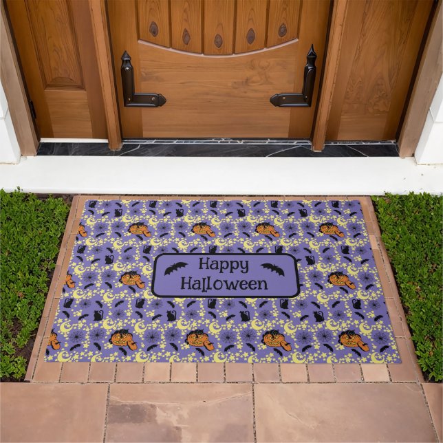 Cute Halloween Cats, Bats and Stars Door Mat (Outdoor)