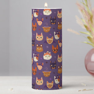 Cute Halloween Cats Purple Pillar Candle