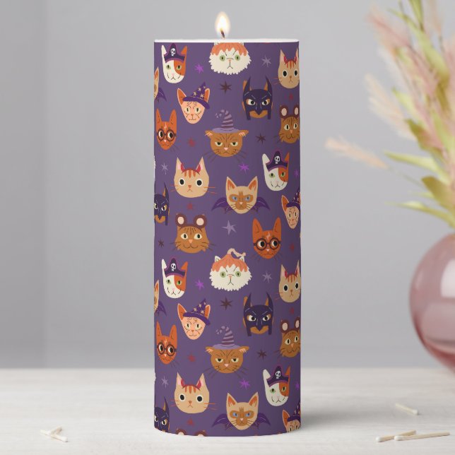 Cute Halloween Cats Purple Pillar Candle (In Situ)