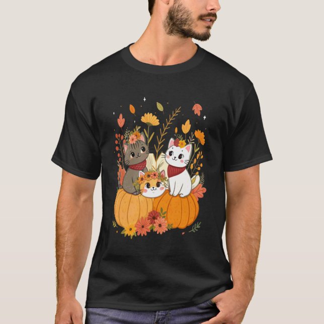 Cute Halloween Cats with Pumpkins Retro & Fall Flo T-Shirt (Front)
