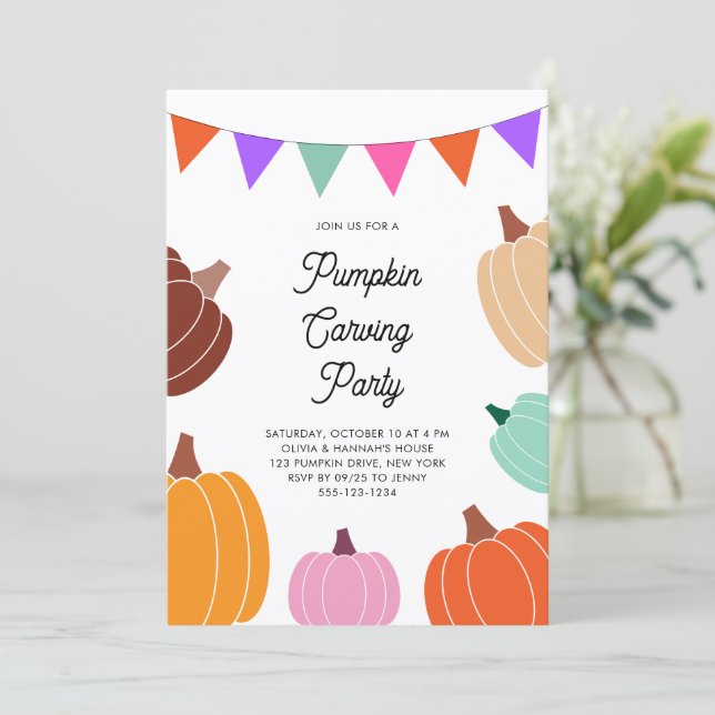 Cute Halloween Colorful Pumpkin Carving Party Invitation (Standing Front)