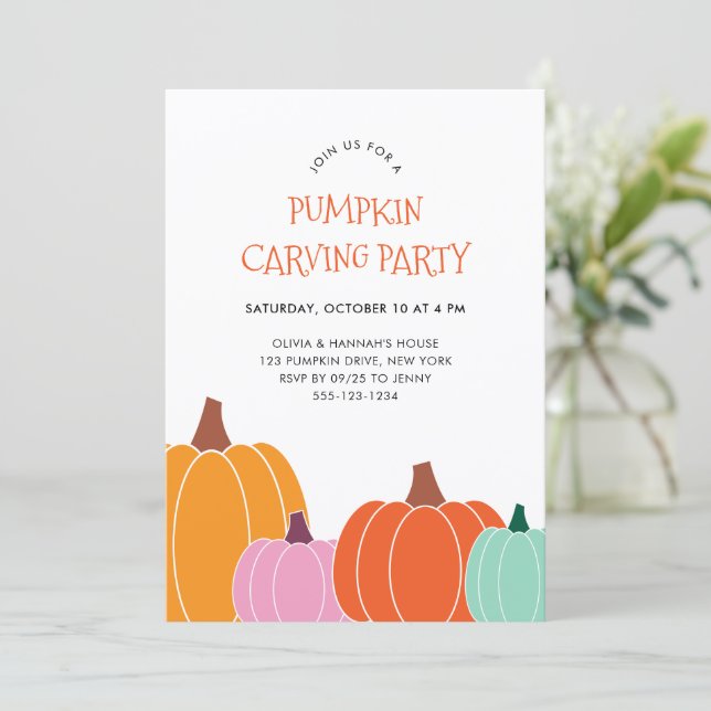Cute Halloween Colorful Pumpkin Carving Party Invitation (Standing Front)