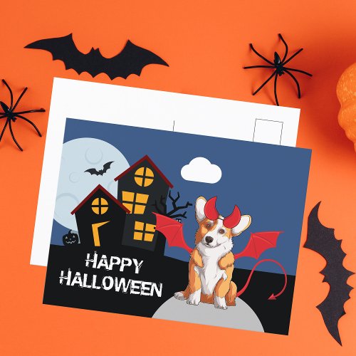 Cute Halloween Corgi Devil Costume Haunted House Postcard