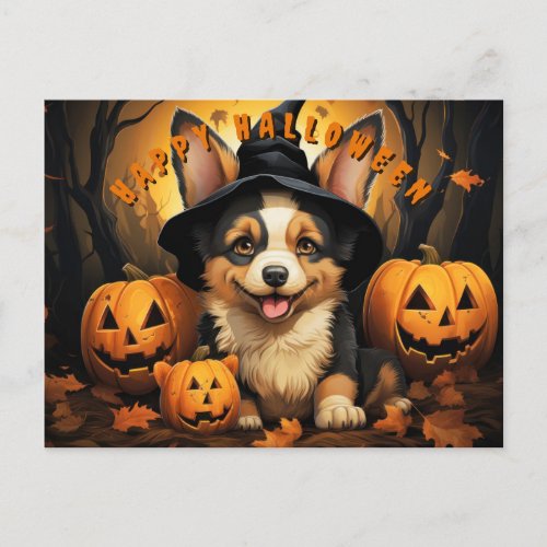 Cute Halloween Corgi In Forest With Pumpkins Holiday Postcard