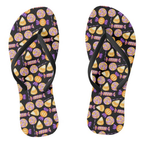 Cute Halloween Corn Candy Sweets Lollipop Black Flip Flops