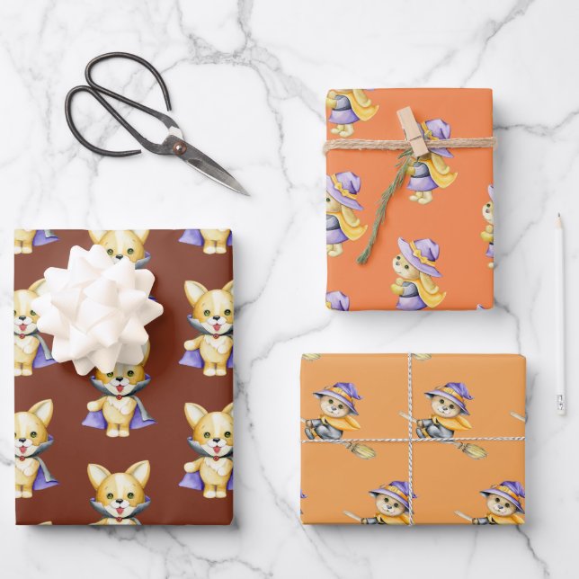 Cute Halloween Costume Animals Wrapping Paper Sheets (Front)