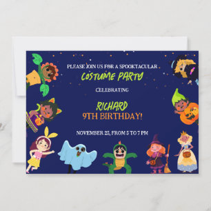 Cute Halloween Costume Modern Blue Birthday Party  Invitation