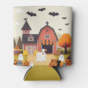 Cute Halloween cow and farm Can Cooler