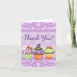 Cute Halloween Cupcakes on Pretty Purple Damask Letterpress Thank You Card