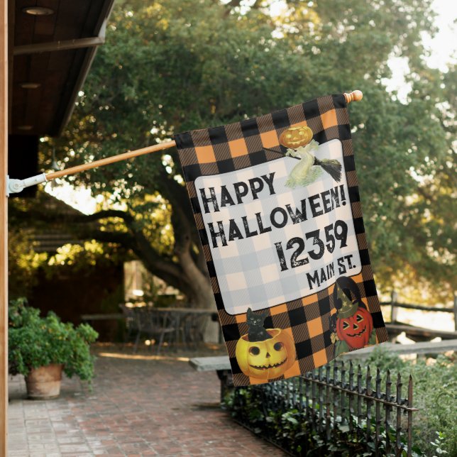 Cute Halloween Custom Address Vintage Plaid House Flag (In SItu)
