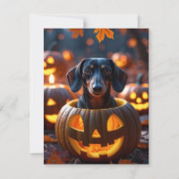 Cute Halloween Dachshund Dog Inside Carved Pumpkin