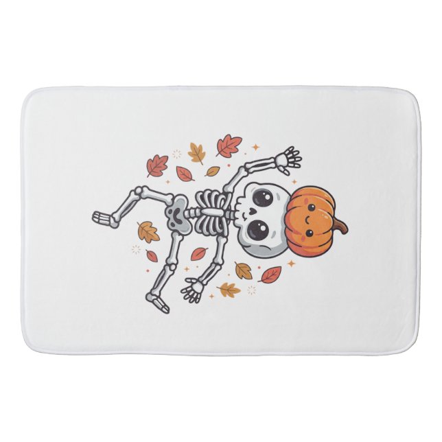 Cute Halloween Dancing Skeleton with Pumpkin Head Bath Mat (Front)