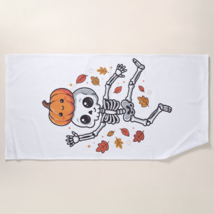 Cute Halloween Dancing Skeleton with Pumpkin Head Beach Towel