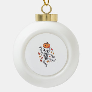 Cute Halloween Dancing Skeleton with Pumpkin Head Ceramic Ball Christmas Ornament