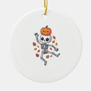 Cute Halloween Dancing Skeleton with Pumpkin Head Ceramic Ornament