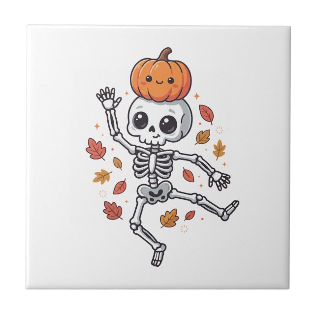 Cute Halloween Dancing Skeleton with Pumpkin Head Ceramic Tile (Front)