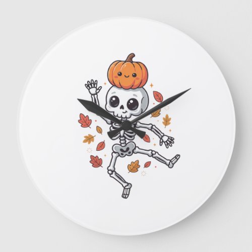 Cute Halloween Dancing Skeleton with Pumpkin Head Large Clock