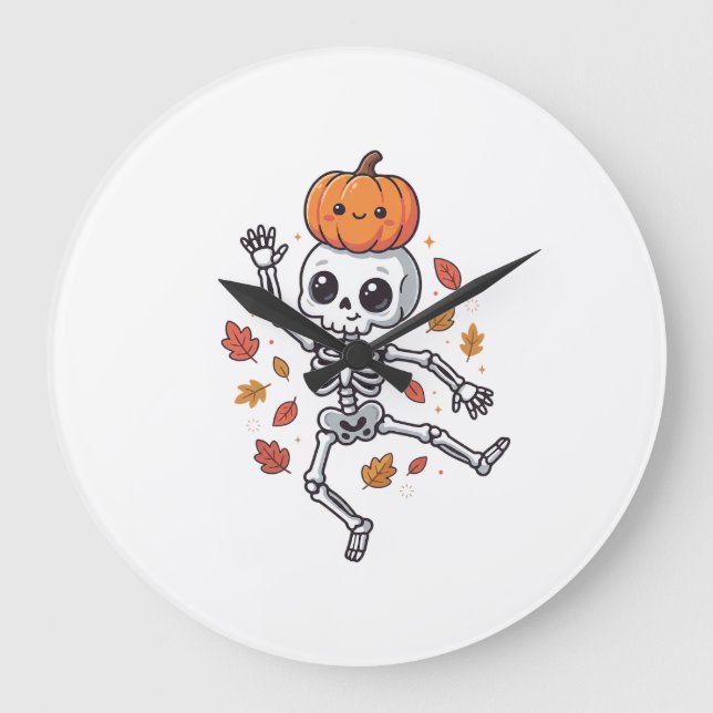 Cute Halloween Dancing Skeleton with Pumpkin Head Large Clock (Front)