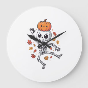 Cute Halloween Dancing Skeleton with Pumpkin Head Large Clock
