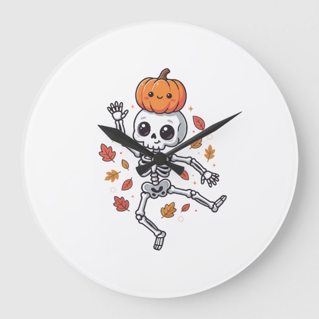 Cute Halloween Dancing Skeleton with Pumpkin Head Large Clock (Front)