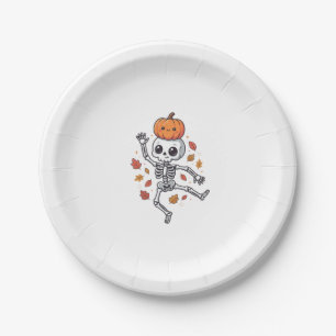 Cute Halloween Dancing Skeleton with Pumpkin Head Paper Plates