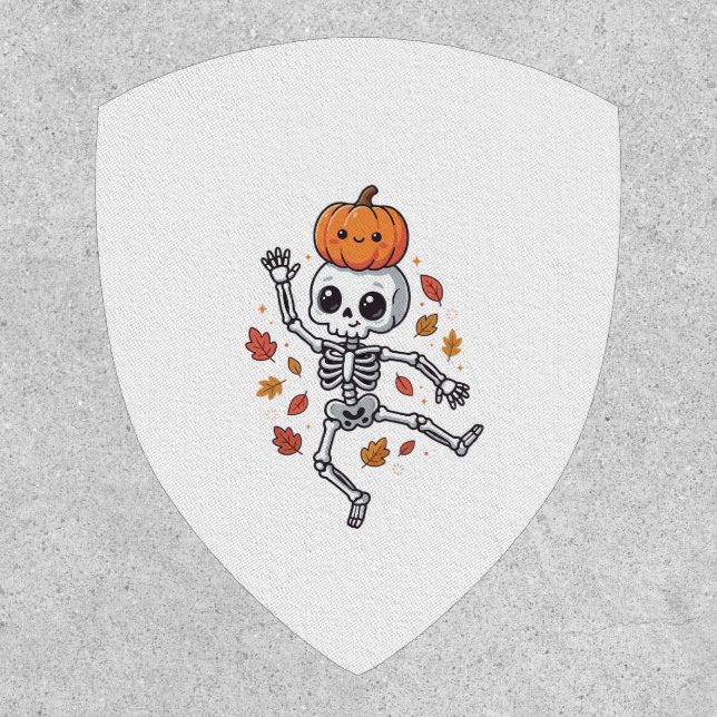 Cute Halloween Dancing Skeleton with Pumpkin Head Patch (Front)