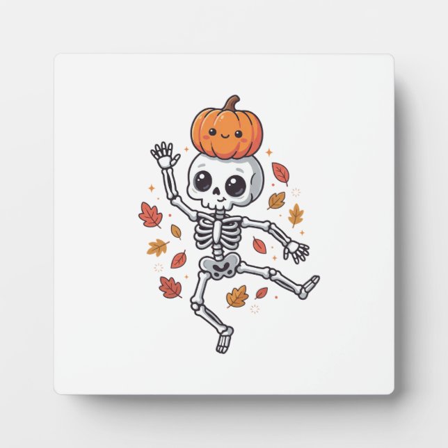 Cute Halloween Dancing Skeleton with Pumpkin Head Plaque (Front)