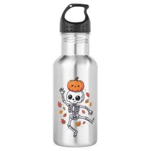 Cute Halloween Dancing Skeleton with Pumpkin Head Stainless Steel Water Bottle