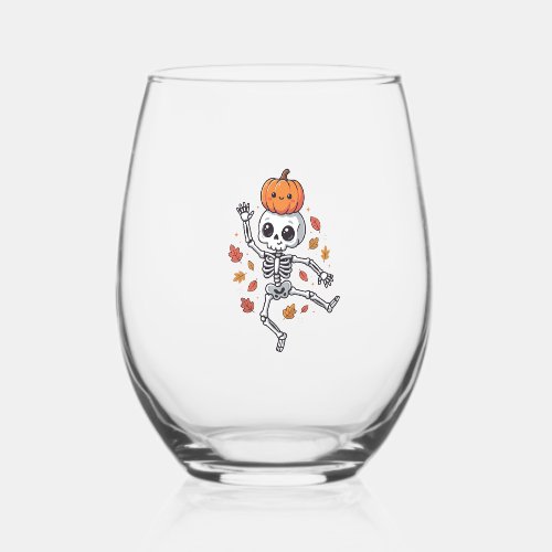 Cute Halloween Dancing Skeleton with Pumpkin Head Stemless Wine Glass