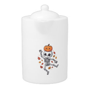 Cute Halloween Dancing Skeleton with Pumpkin Head Teapot