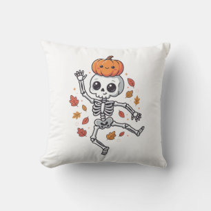 Cute Halloween Dancing Skeleton with Pumpkin Head Throw Pillow