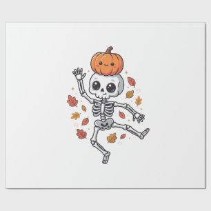 Cute Halloween Dancing Skeleton with Pumpkin Head Wrapping Paper