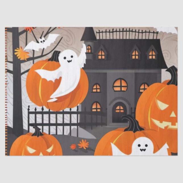 Cute Halloween Decor: Ghosts & Pumpkins Gift Wrap Tissue Paper (Front)