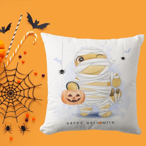 Cute Halloween Dinosaur Disguised as Mummy Pumpkin Throw Pillow