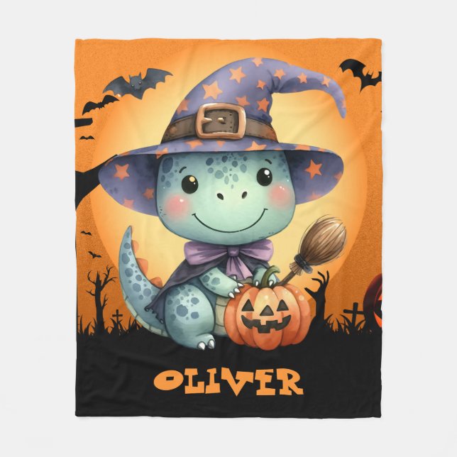Cute Halloween Dinosaur Wearing a Witch Hat Fleece Blanket (Front)