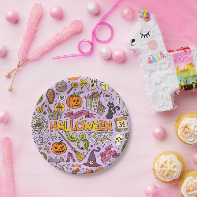 Cute Halloween Doodle Pattern Paper Plates (Party)